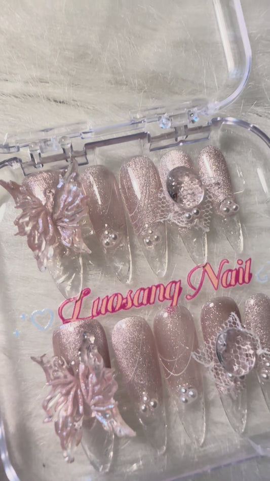 Pink Butterfly Cute Long Almond Nails